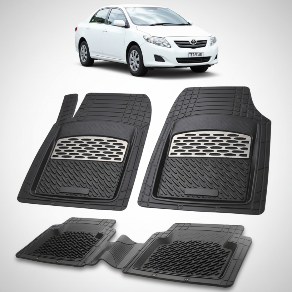 set de covorase din cauciuc negre cu accente gri cu o toyota corolla e150 sedan alba in fundal