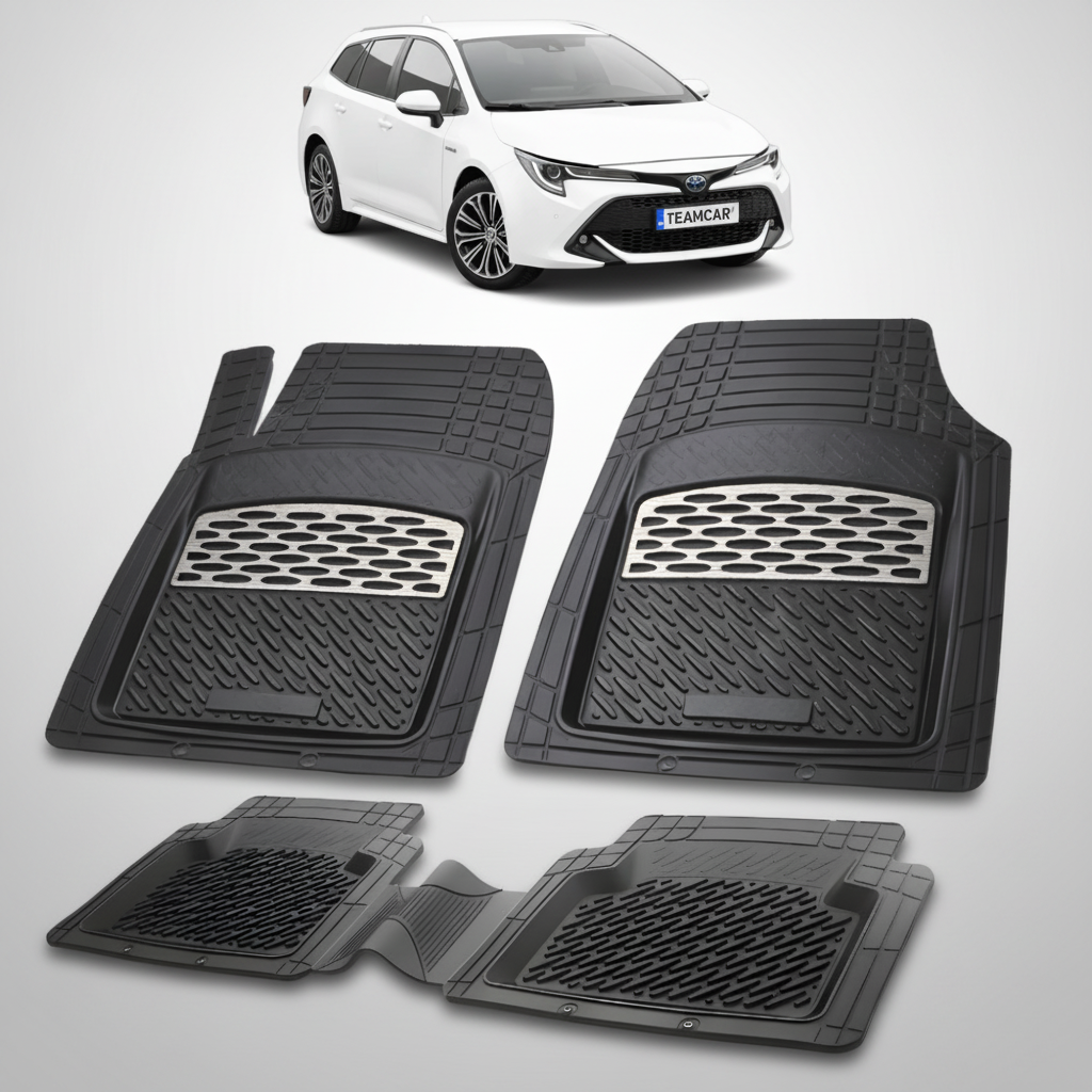 set de covorase din cauciuc negre cu accente gri cu o toyota corolla e210 TouringSports alba in fundal