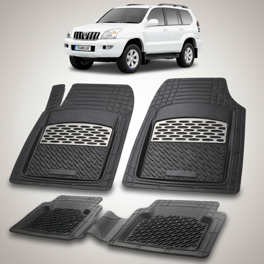set de covorase din cauciuc negre cu accente gri cu o toyota land cruiser j120 alba in fundal