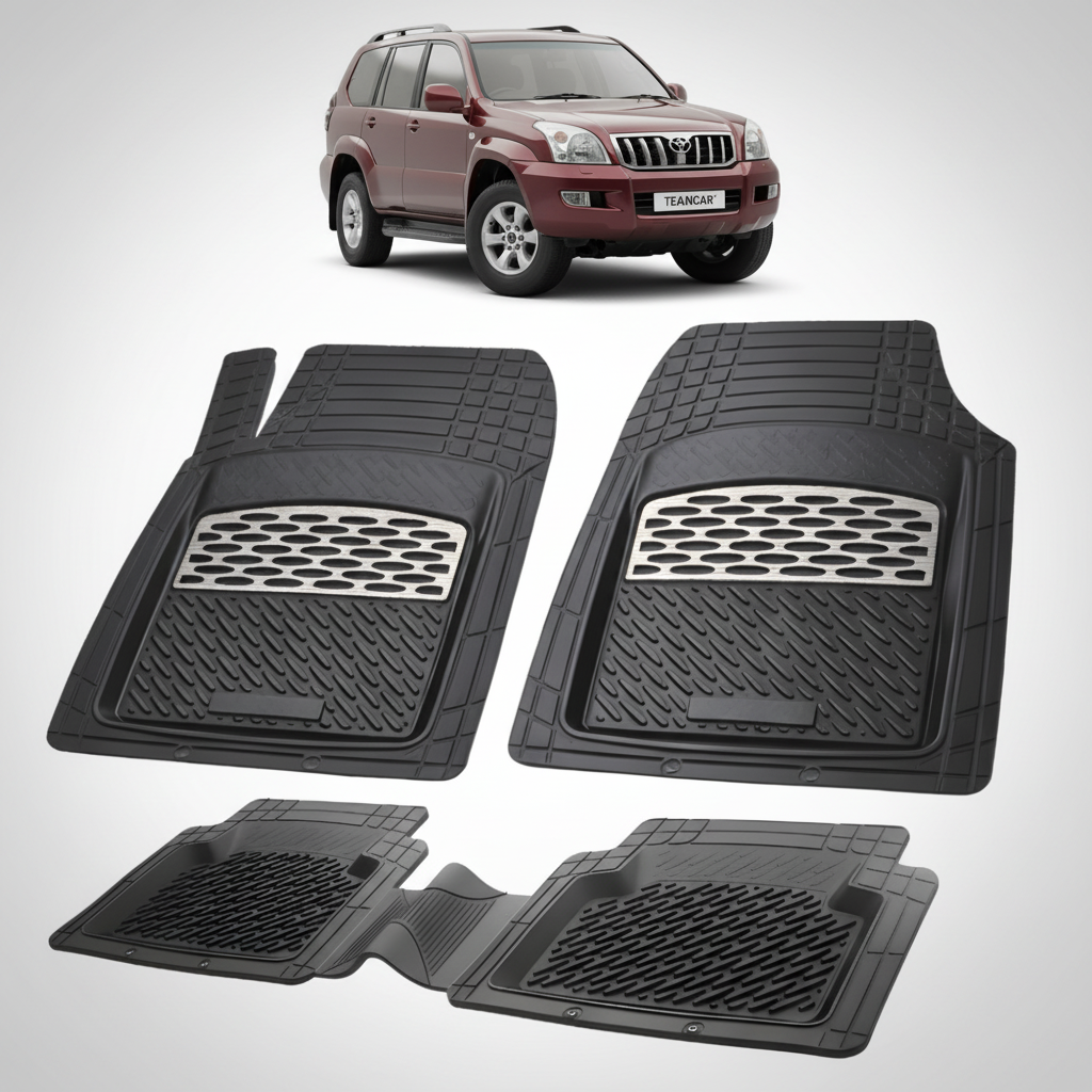 set de covorase din cauciuc negre cu accente gri cu o toyota land cruiser j121 rosu inchis in fundal