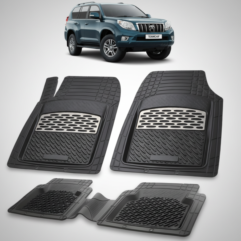 set de covorase din cauciuc negre cu accente gri cu o toyota land cruiser j150 verde inchis in fundal