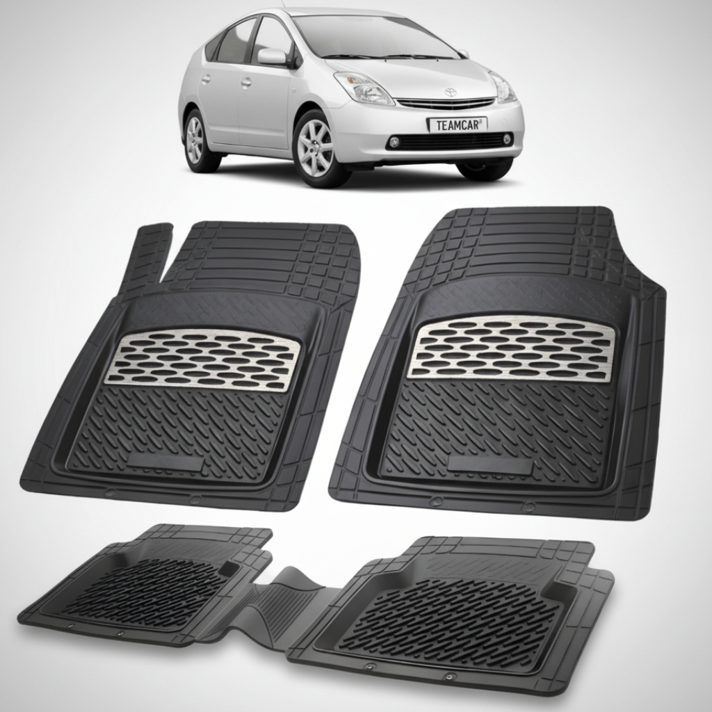 set de covorase din cauciuc negre cu accente gri cu o toyota prius xw20 hatchback gri in fundal