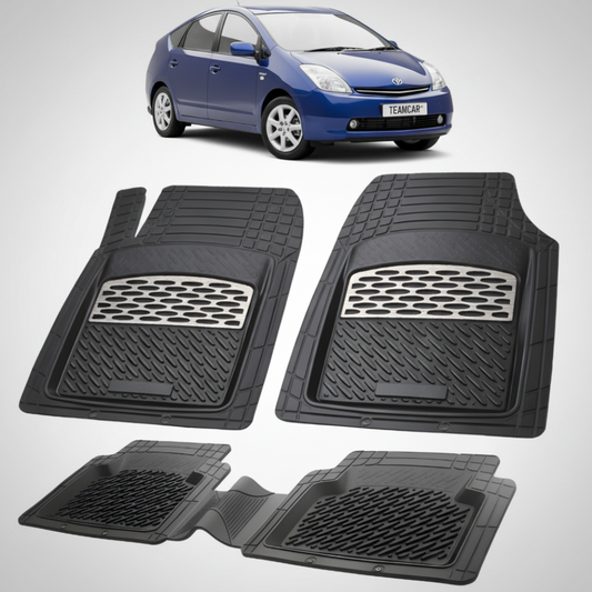 set de covorase din cauciuc negre cu accente gri cu o toyota prius xw20 hatchback albastra in fundal