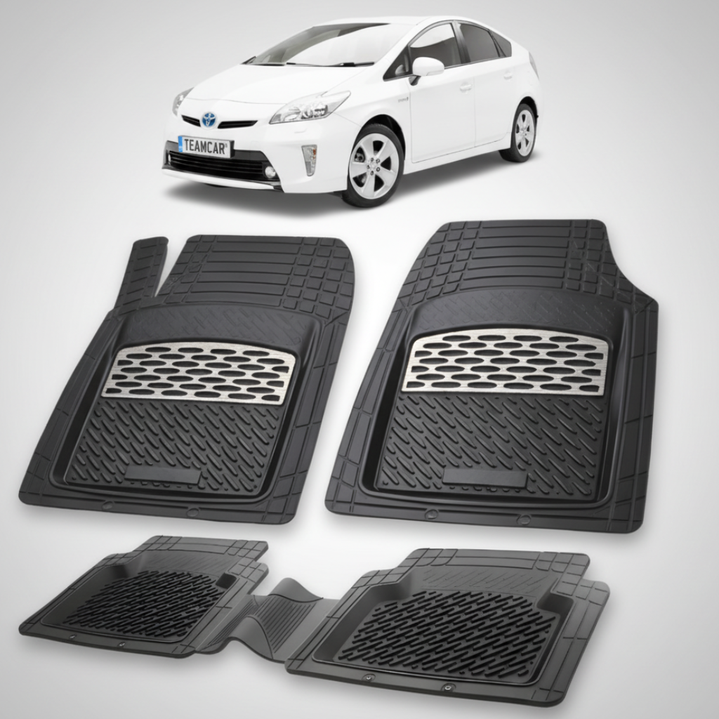 set de covorase din cauciuc negre cu accente gri cu o toyota prius xw30 hatchback alba in fundal