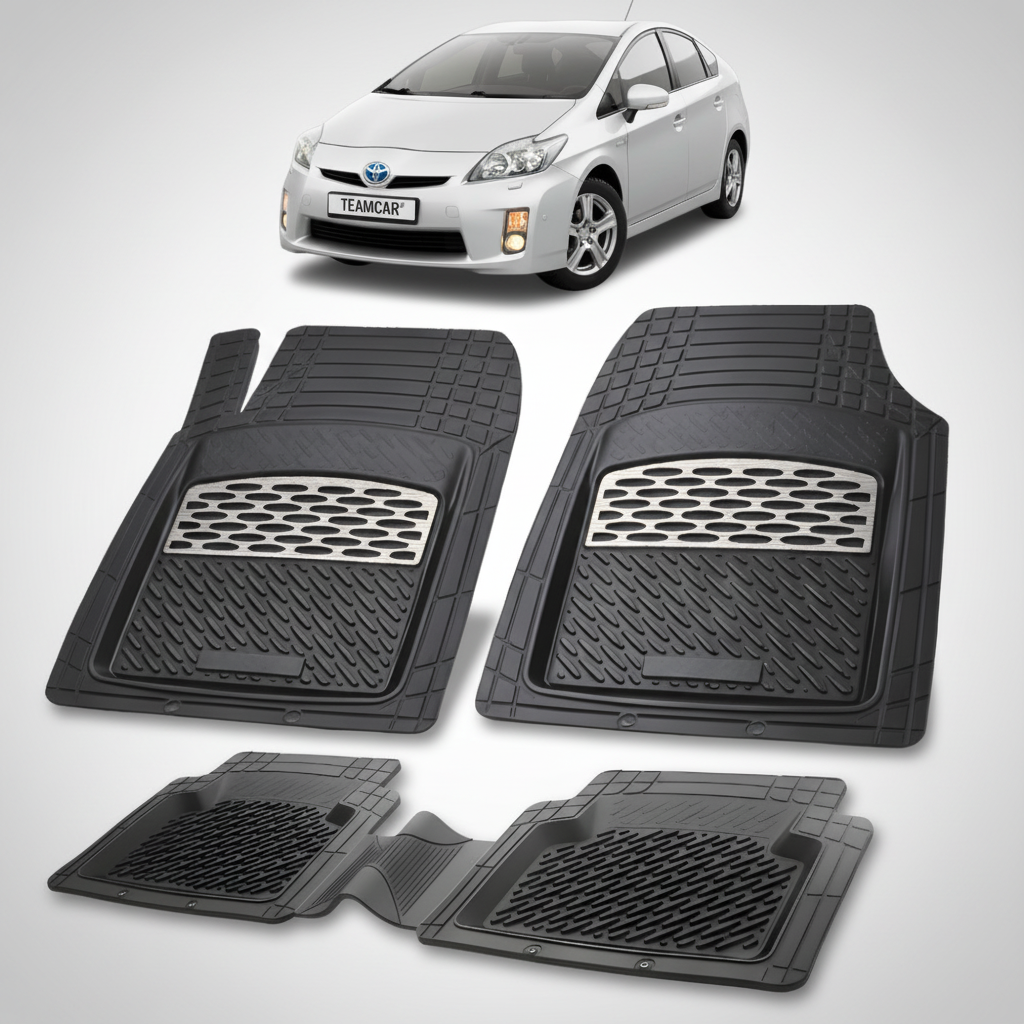 set de covorase din cauciuc negre cu accente gri cu o toyota prius xw30 hatchback gri in fundal
