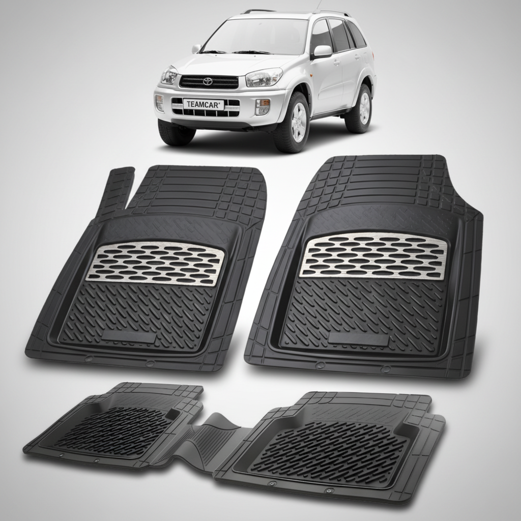 set de covorase din cauciuc negre cu accente gri cu o toyota rav 4 xa20 suv gri in fundal