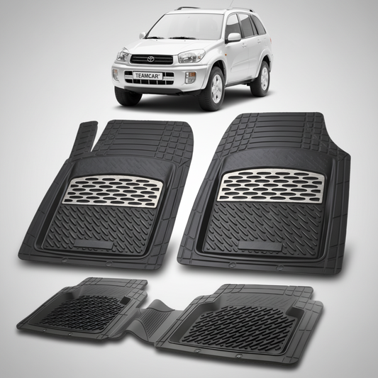 set de covorase din cauciuc negre cu accente gri cu o toyota rav 4 xa20 suv gri in fundal