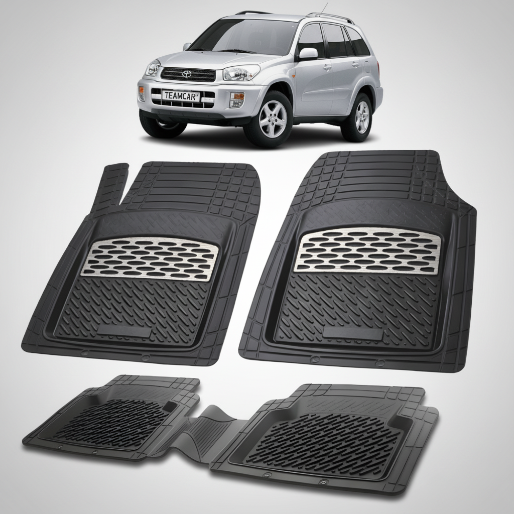 set de covorase din cauciuc negre cu accente gri cu o toyota rav 4 xa20 suv gri in fundal