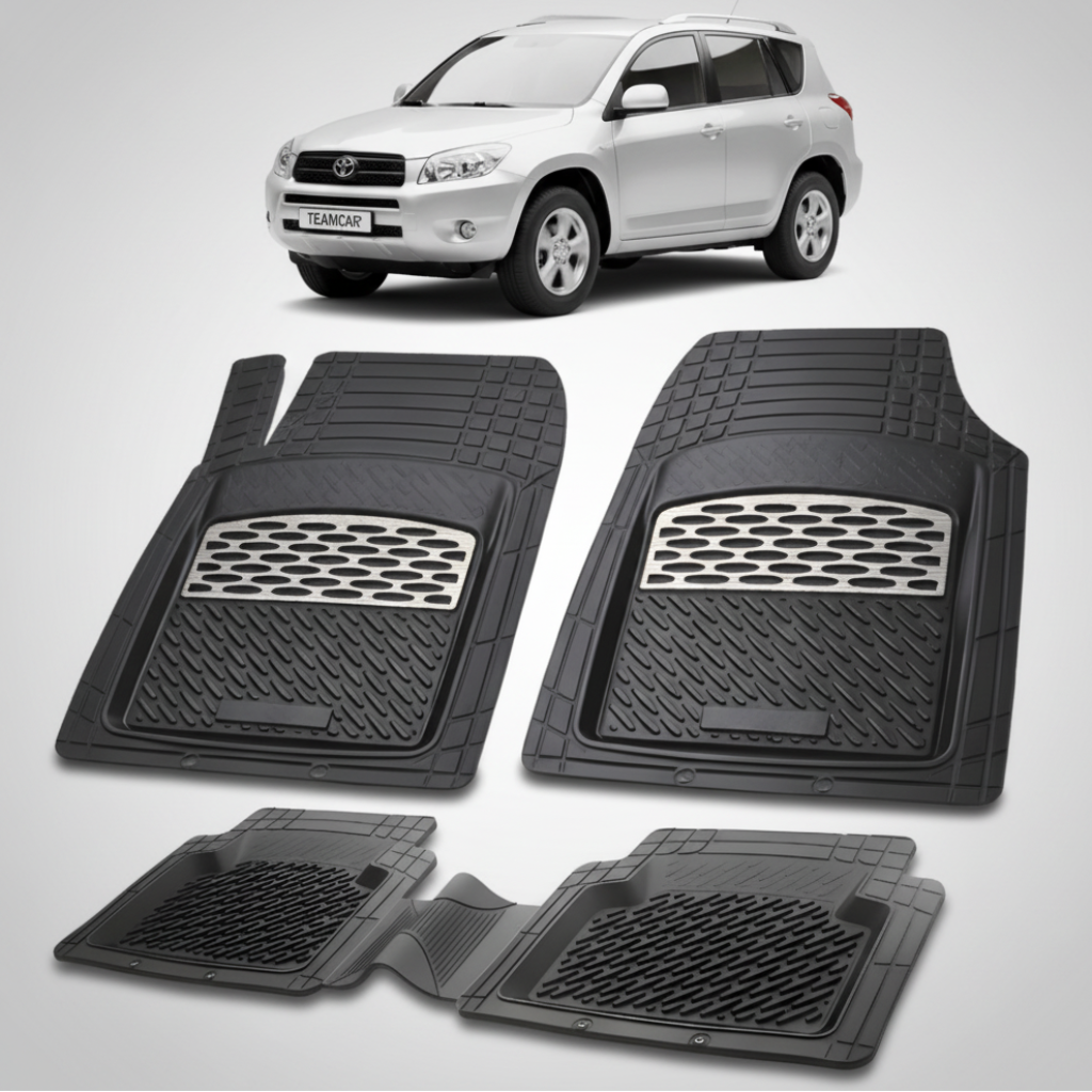 set de covorase din cauciuc negre cu accente gri cu o toyota rav 4 xa30 suv gri in fundal