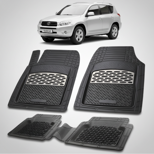 set de covorase din cauciuc negre cu accente gri cu o toyota rav 4 xa30 suv gri in fundal