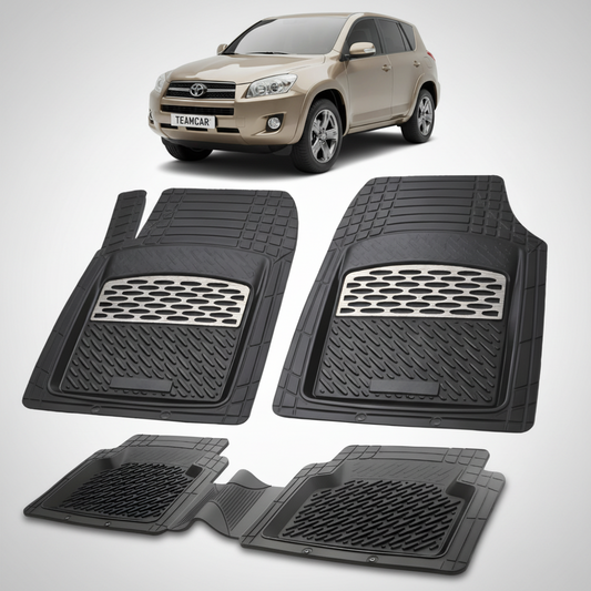 set de covorase din cauciuc negre cu accente gri cu o toyota rav 4 xa30 suv maro in fundal
