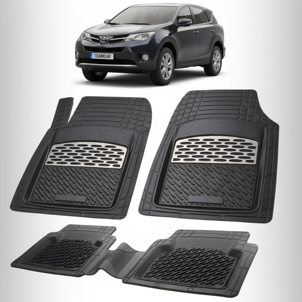 set de covorase din cauciuc negre cu accente gri cu o toyota rav 4 xa40 suv negru in fundal