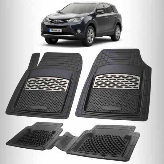 set de covorase din cauciuc negre cu accente gri cu o toyota rav 4 xa40 suv negru in fundal