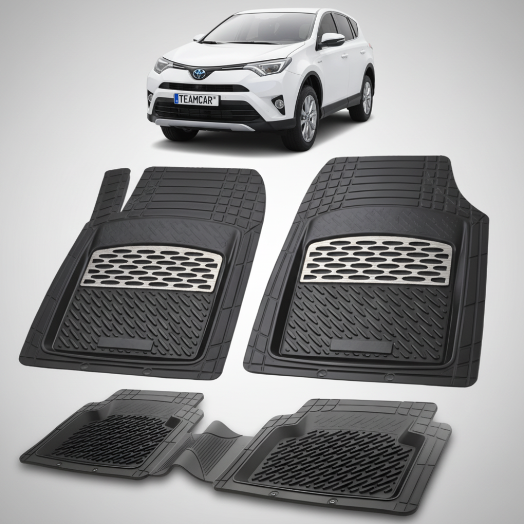 set de covorase din cauciuc negre cu accente gri cu o toyota rav 4 xa40 suv alba in fundal