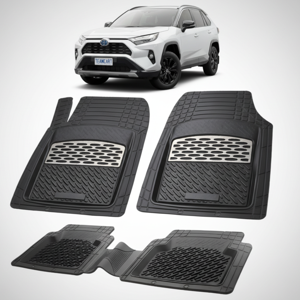 set de covorase din cauciuc negre cu accente gri cu o toyota rav 4 xa50 suv alba in fundal