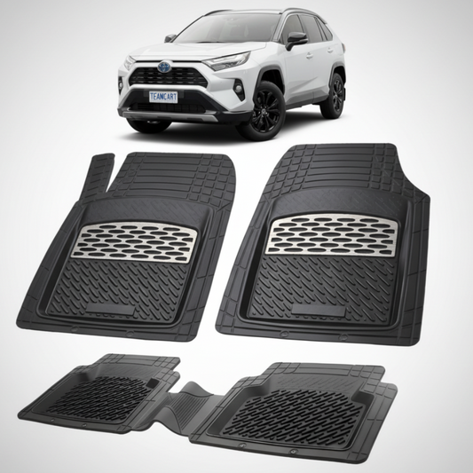 set de covorase din cauciuc negre cu accente gri cu o toyota rav 4 xa50 suv alba in fundal