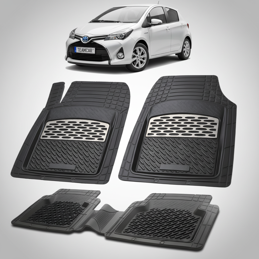 set de covorase din cauciuc negre cu accente gri cu o toyota yaris xp130 hatchback alba in fundal