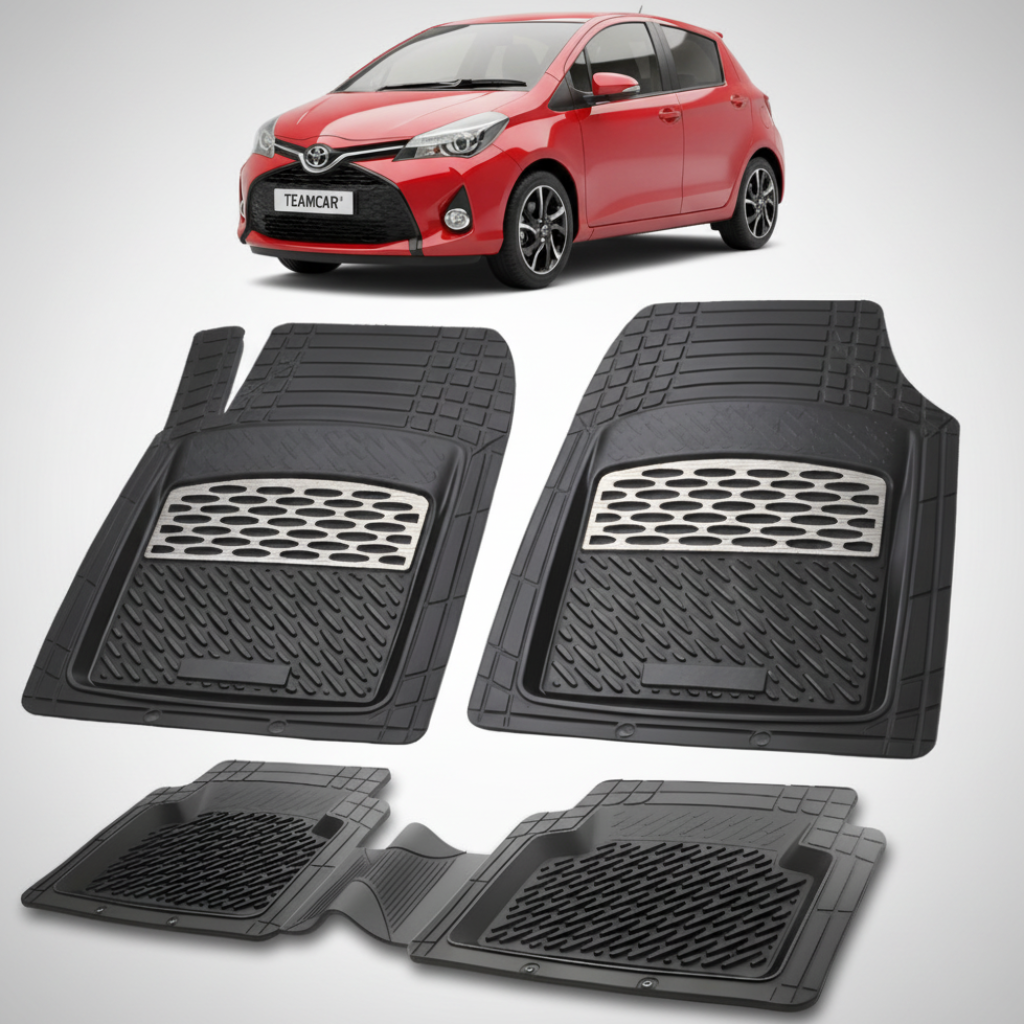 set de covorase din cauciuc negre cu accente gri cu o toyota yaris xp130 hatchback rosie in fundal