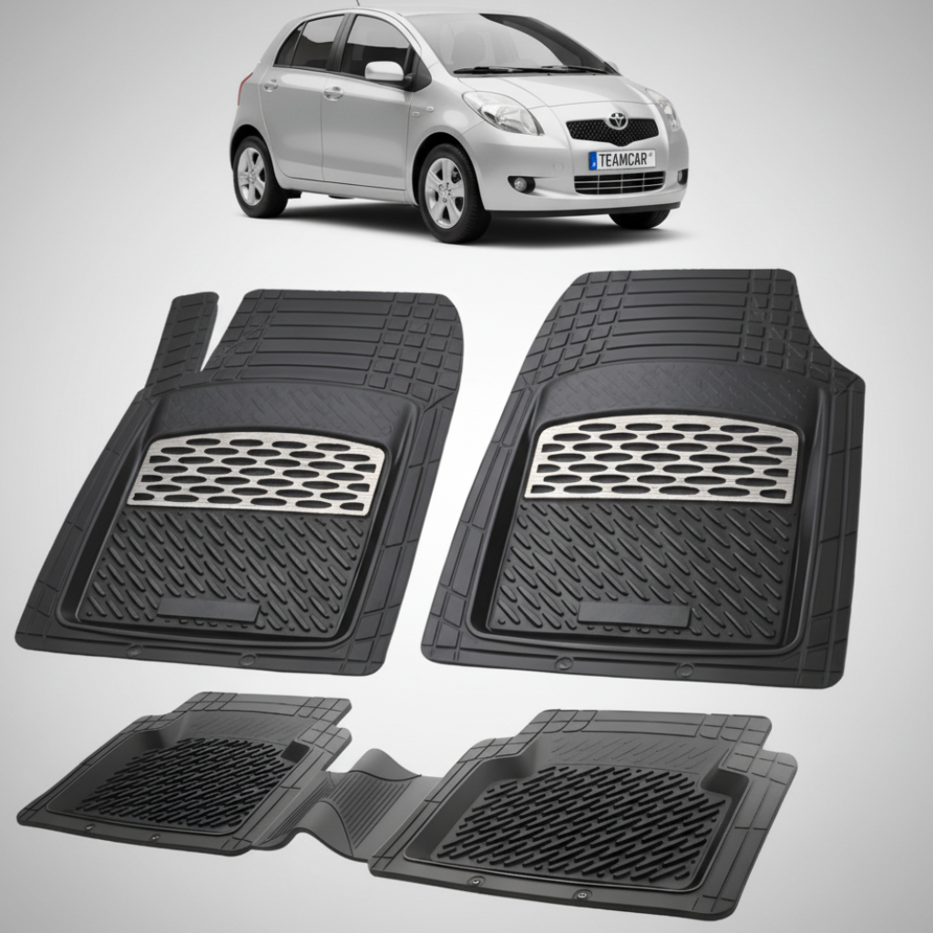 set de covorase din cauciuc negre cu accente gri cu o toyota yaris xp90 hatchback gri in fundal