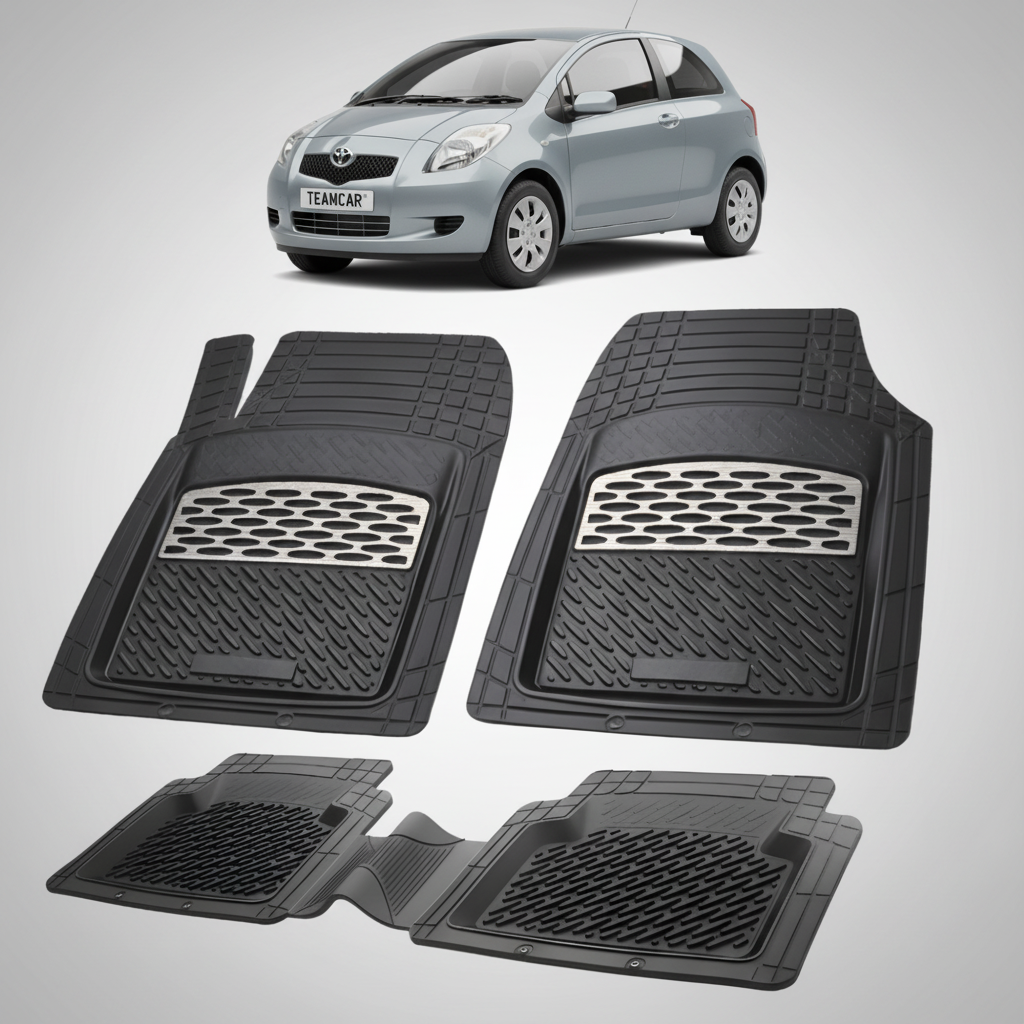 set de covorase din cauciuc negre cu accente gri cu o toyota yaris xp90 hatchback gri inchis  in fundal