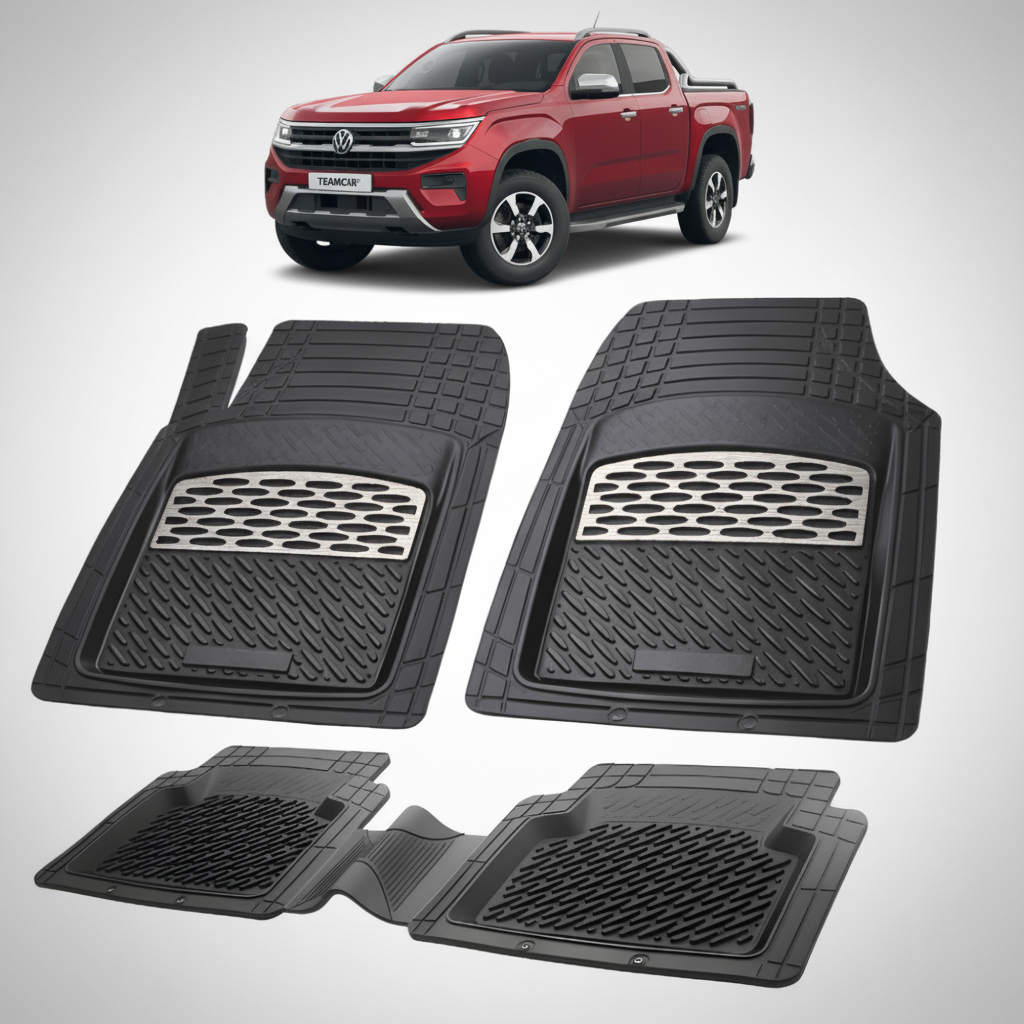 set de covorase din cauciuc negre cu accente gri cu un volkswagen amarok 2 pickup rosu in fundal
