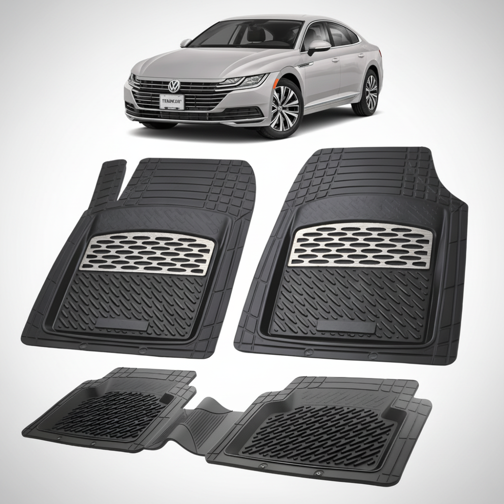 set de covorase din cauciuc negre cu accente gri cu un Volkswagen arteon 3h fastback gri in fundal