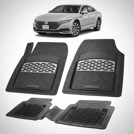 set de covorase din cauciuc negre cu accente gri cu un Volkswagen arteon 3h fastback gri in fundal