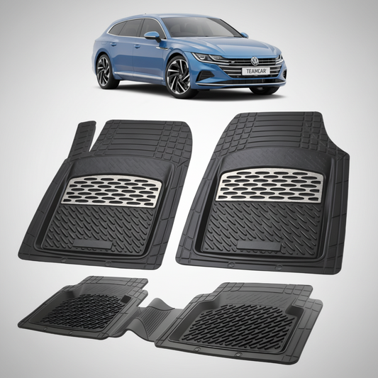 set de covorase din cauciuc negre cu accente gri cu un Volkswagen arteon 3h shooting brake albastru in fundal