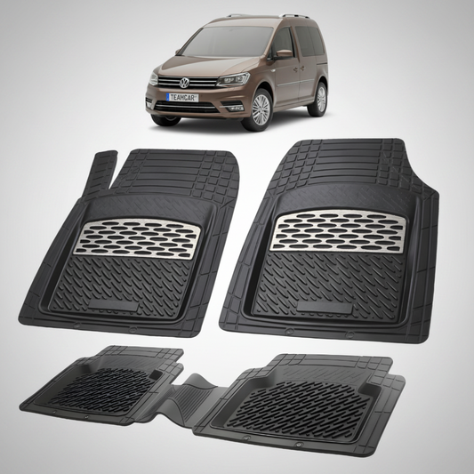 set de covorase din cauciuc negre cu accente gri cu un volkswagen caddy 4 sa van combi maro inchis in fundal