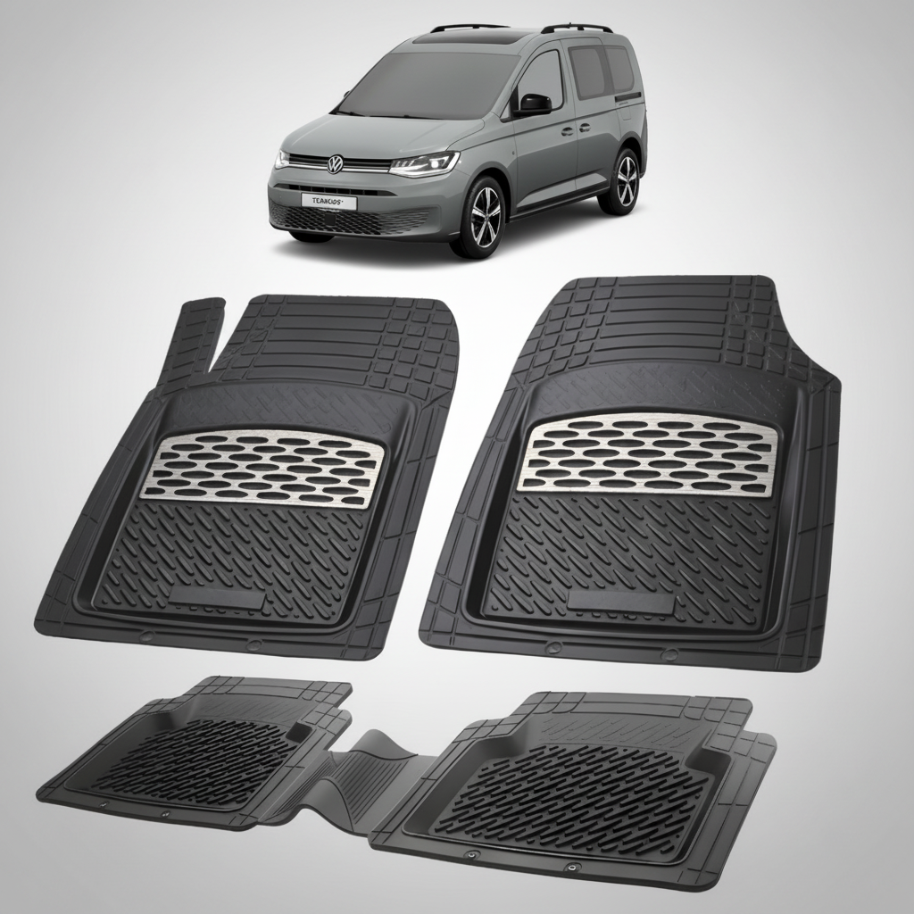 set de covorase din cauciuc negre cu accente gri cu un volkswagen caddy 5 sb van combi gri inchis in fundal