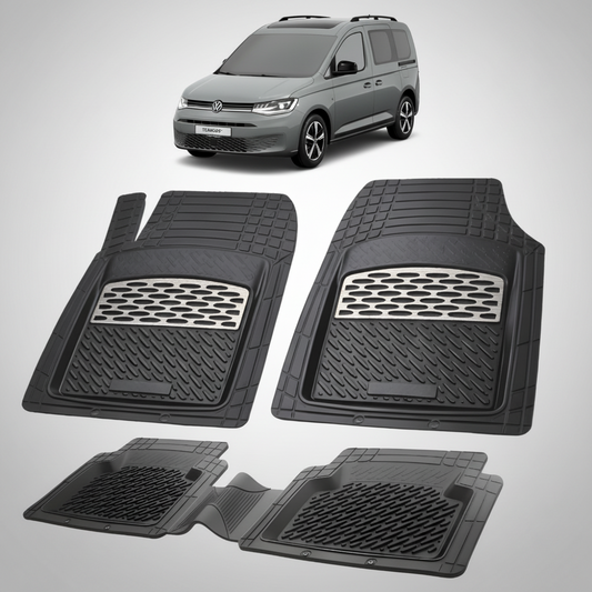 set de covorase din cauciuc negre cu accente gri cu un volkswagen caddy 5 sb van combi gri inchis in fundal