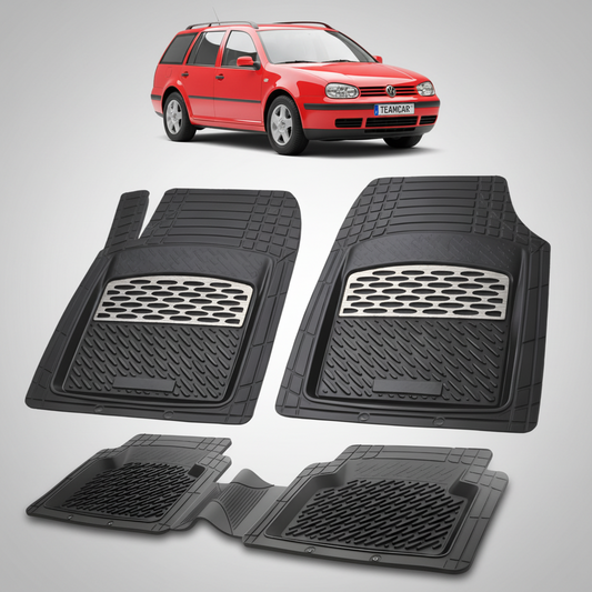set de covorase din cauciuc negre cu accente gri cu un volkswagen  golf 4 variant rosu in fundal