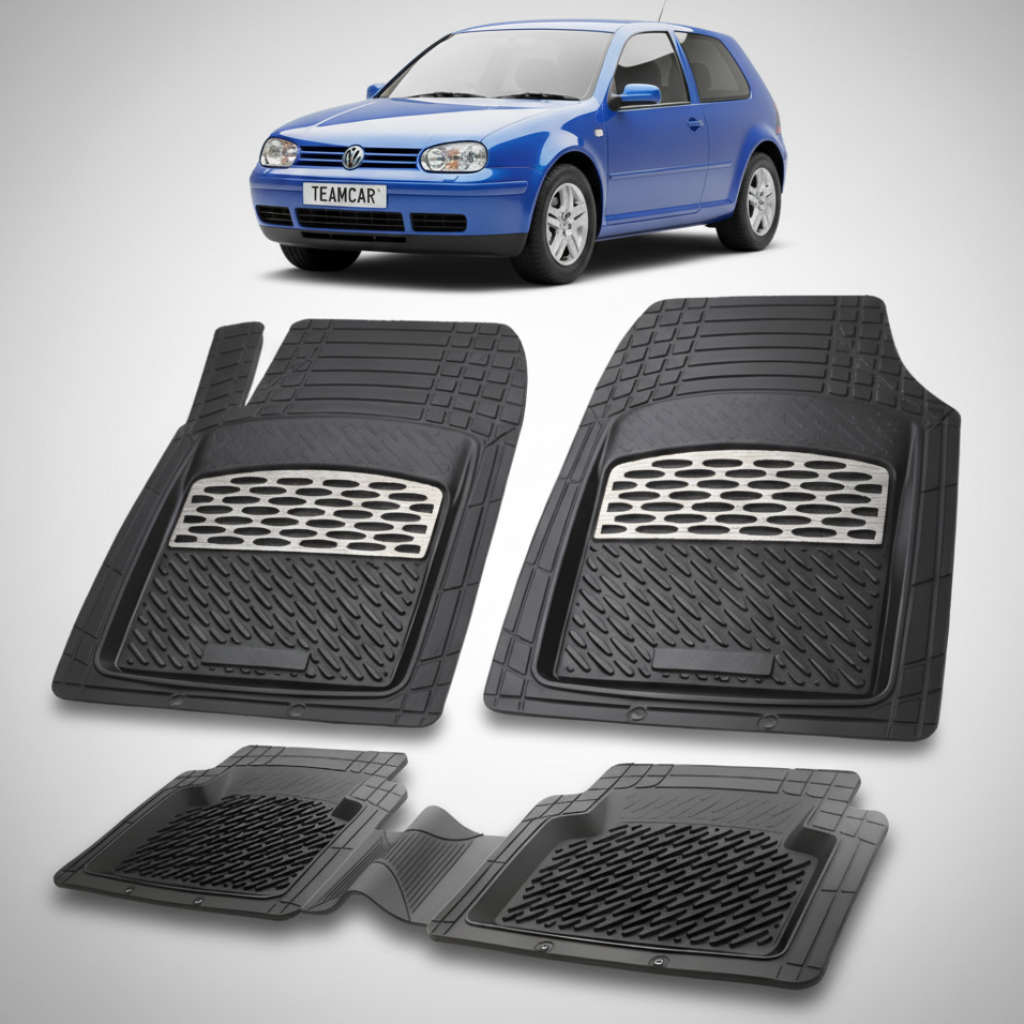 set de covorase din cauciuc negre cu accente gri cu un Volkswagen golf 4 albastru in fundal