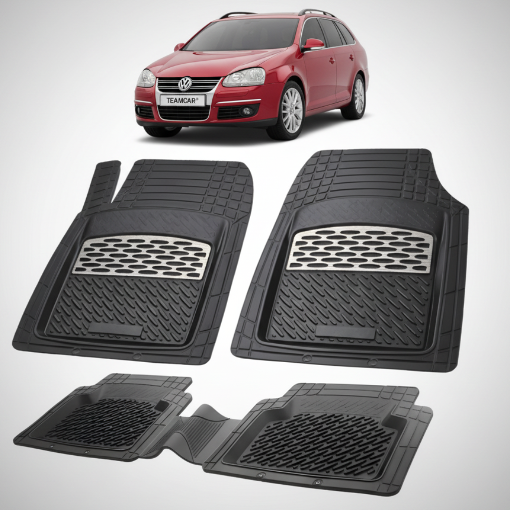 set de covorase din cauciuc negre cu accente gri cu un Volkswagen golf 5 variant rosu in fundal