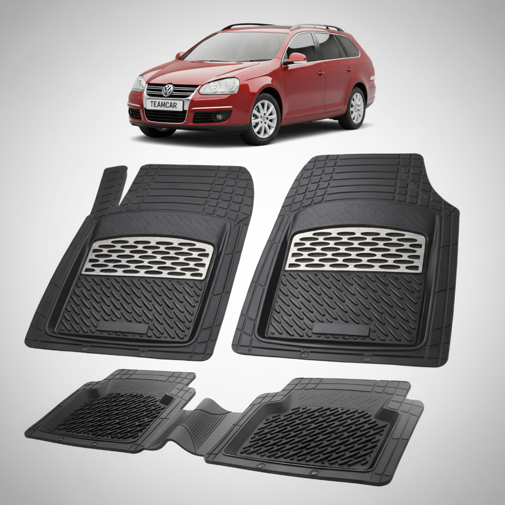 set de covorase din cauciuc negre cu accente gri cu un volkswagen  golf 5 variant rosu in fundal