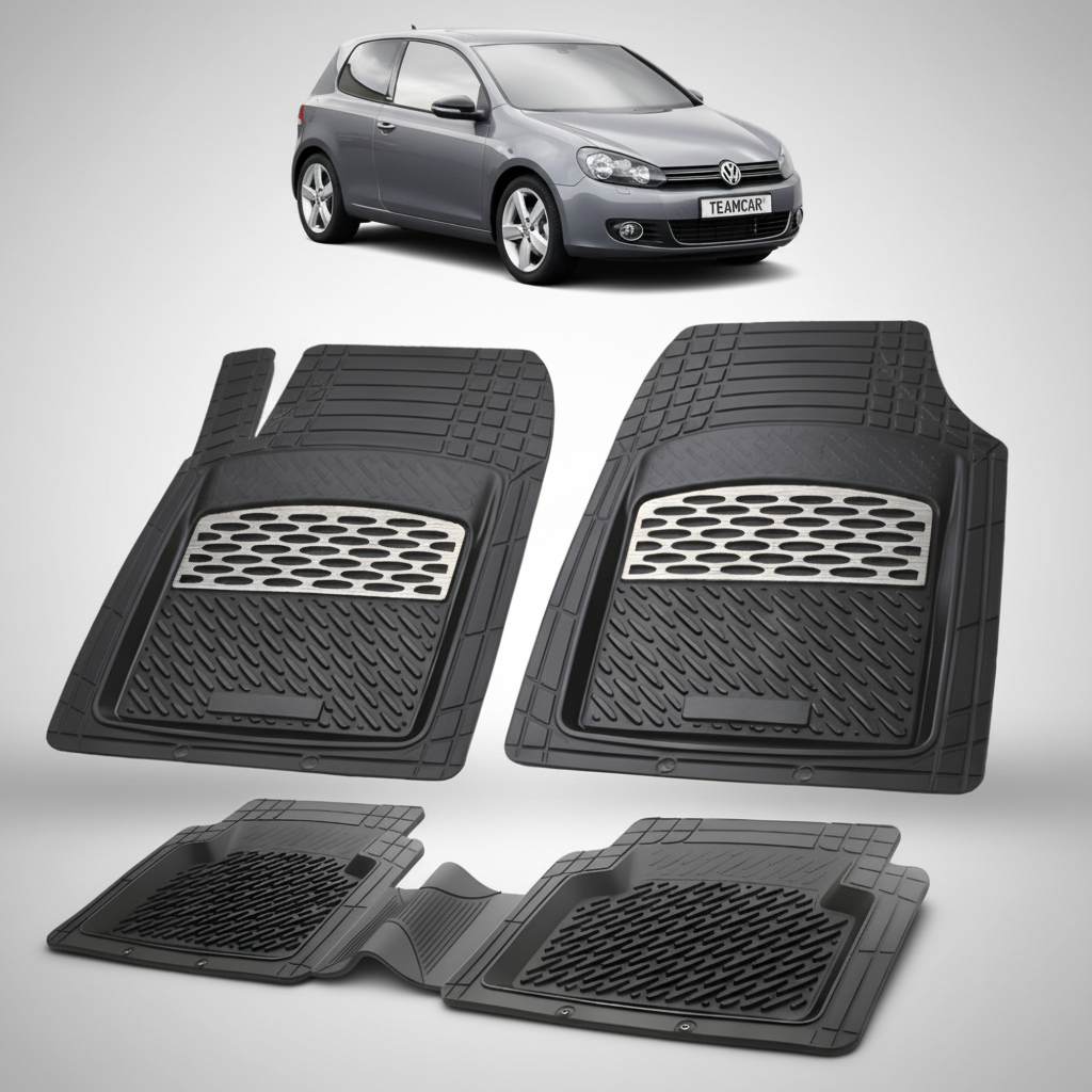 set de covorase din cauciuc negre cu accente gri cu un volkswagen golf 6 hatchback 3 usi gri inchis in fundal