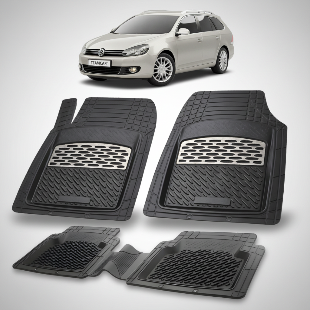 set de covorase din cauciuc negre cu accente gri cu un volkswagen  golf 6 variant gri in fundal