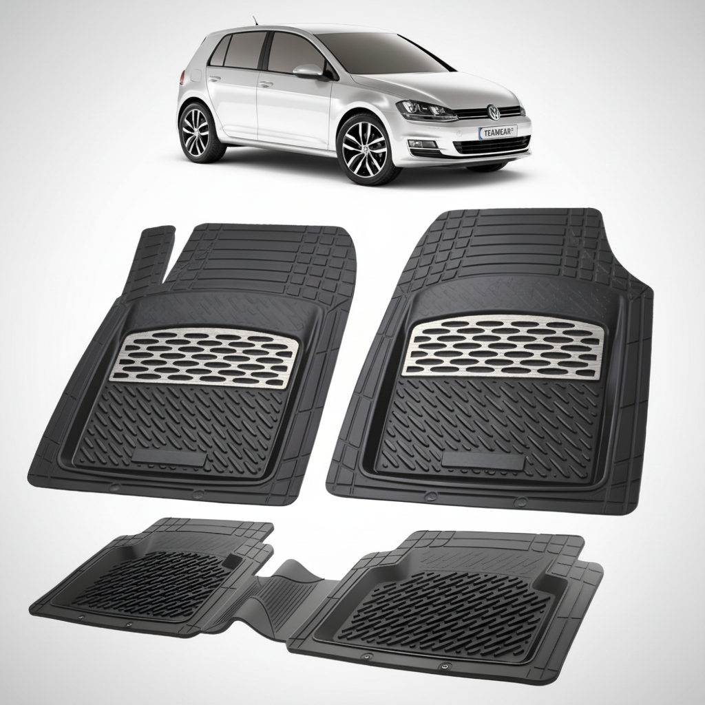 set de covorase din cauciuc negre cu accente gri cu un volkswagen golf 7 hatchback 5 usi argintiu in fundal