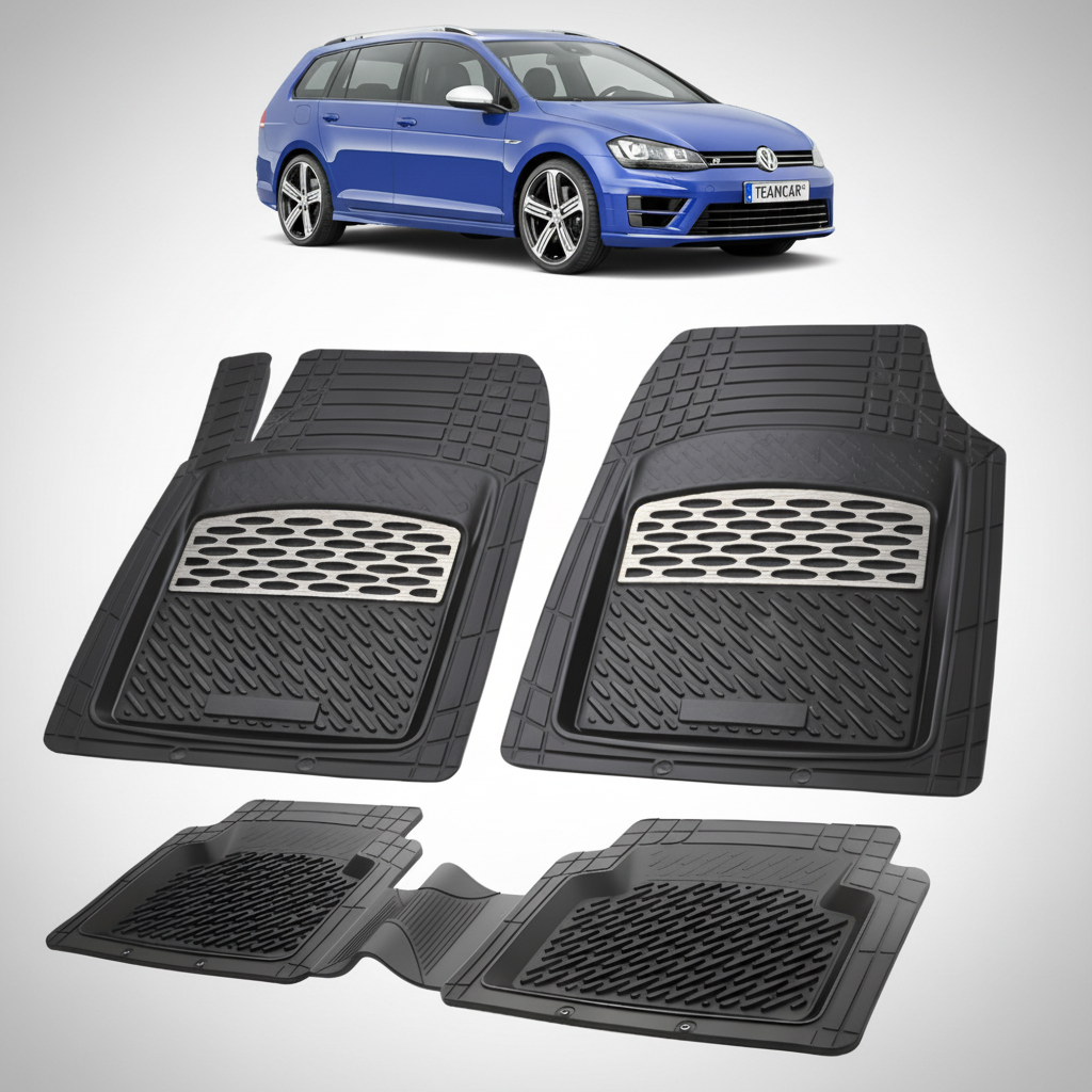 set de covorase din cauciuc negre cu accente gri cu un volkswagen golf 7 variant albastru in fundal