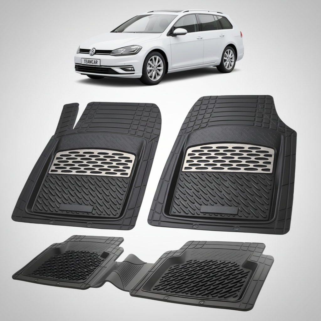 set de covorase din cauciuc negre cu accente gri cu un volkswagen  golf 7 variant alb in fundal