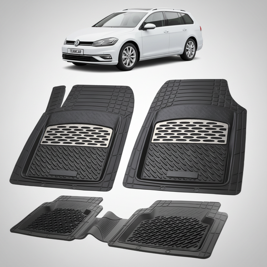 set de covorase din cauciuc negre cu accente gri cu un volkswagen  golf 7 variant alb in fundal