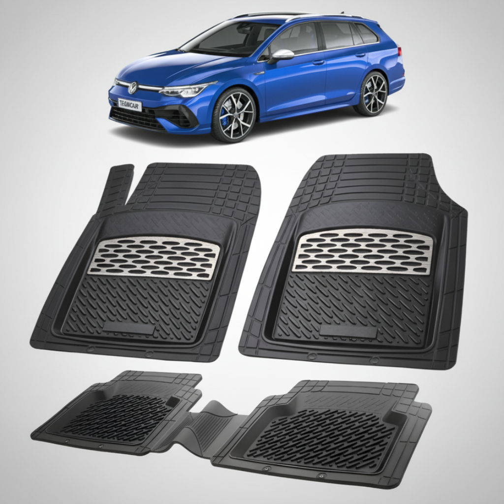 set de covorase din cauciuc negre cu un volkswagen golf 8 variant albastru in fundal