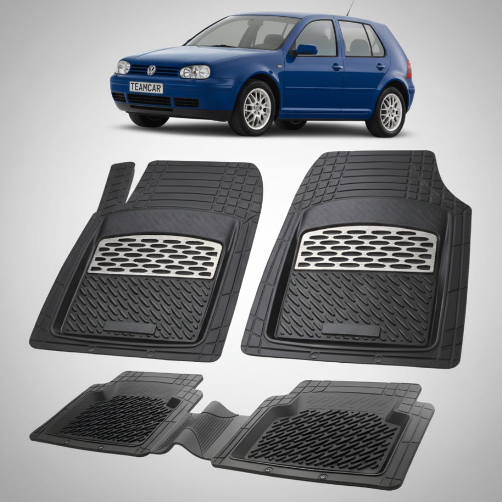 set de covorase din cauciuc negre cu accente gri cu un Volkswagen golf IV hatchback albastru in fundal