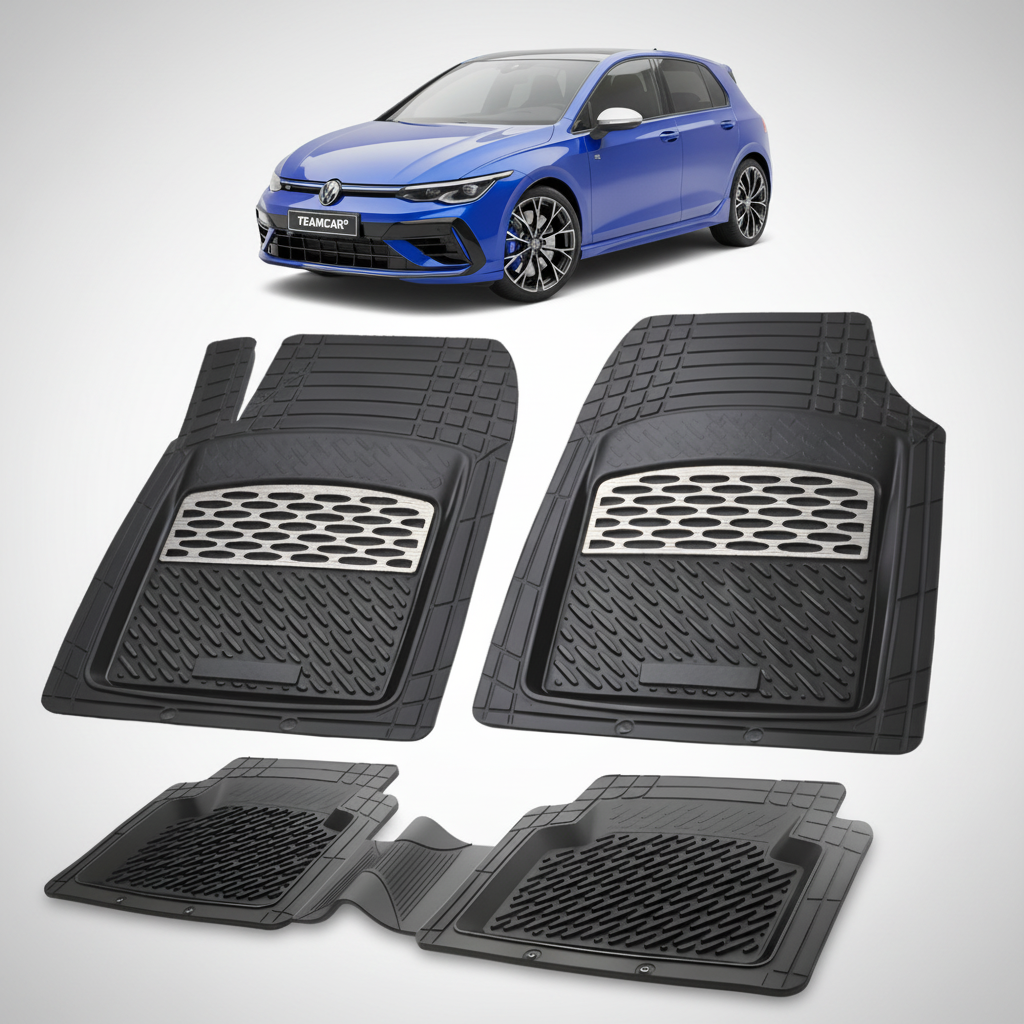 set de covorase din cauciuc negre cu accente gri cu un volkswagen golf mk8 hatchback 5 usi albastru in fundal