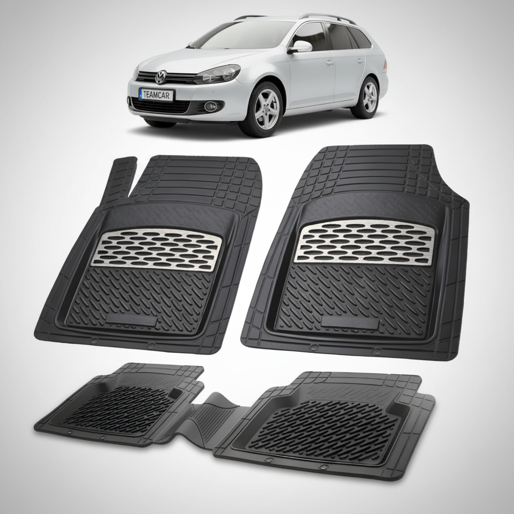 set de covorase din cauciuc negre cu accente gri cu un volkswagen golf mk6 variant break argintiu in fundal