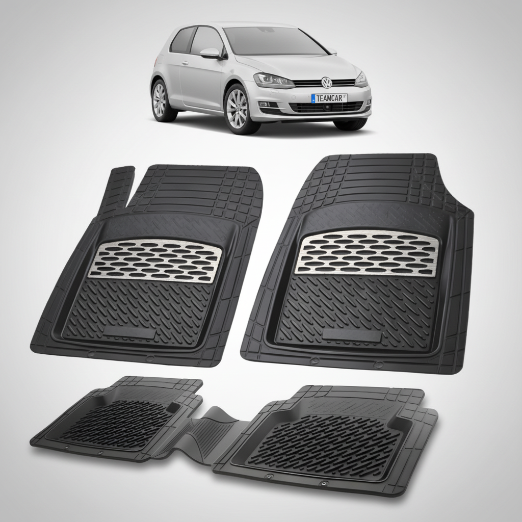 set de covorase din cauciuc negre cu accente gri cu un volkswagen golf mk7 hatchback 3 usi gri in fundal