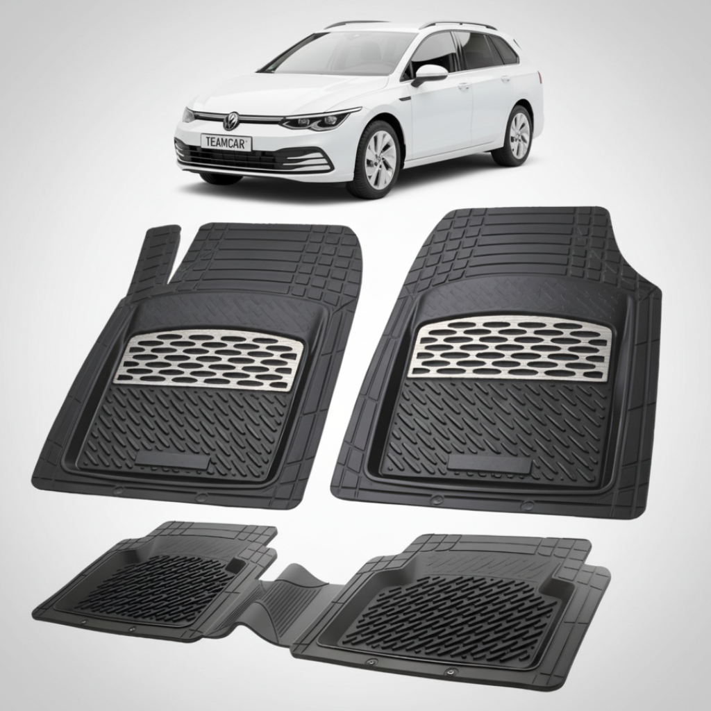 set de covorase din cauciuc negre cu accente gri cu un volkswagen  golf mk8 variant combi alb in fundal