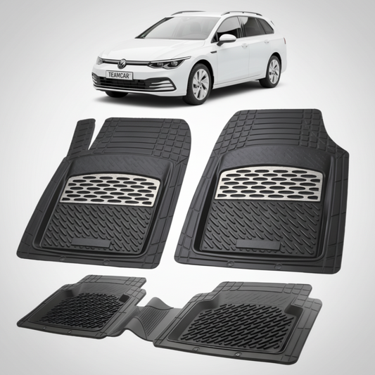 set de covorase din cauciuc negre cu accente gri cu un volkswagen  golf mk8 variant combi alb in fundal