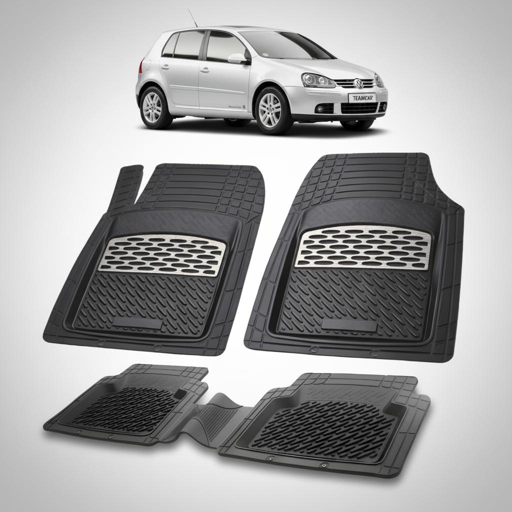 set de covorase din cauciuc negre cu accente gri cu un volkswagen golf v hatchback gri in fundal