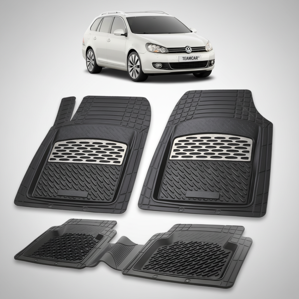 set de covorase din cauciuc negre cu accente gri cu un volkswagen golf 6 variant argintiu in fundal